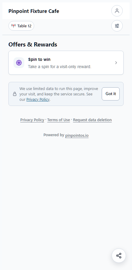 The Pinpoint reward spinner shown in the guest Hub